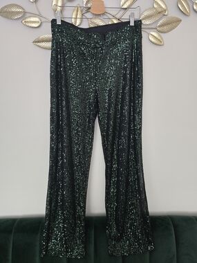 Sequin Wide-Leg Pants in Dark Green Size S Party Disco